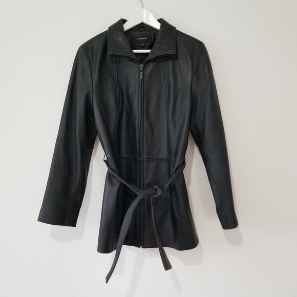 🌸 Vintage Leather Black Zip-Up Belted Jacket Trench Coat Medium - Picture 1 of 13